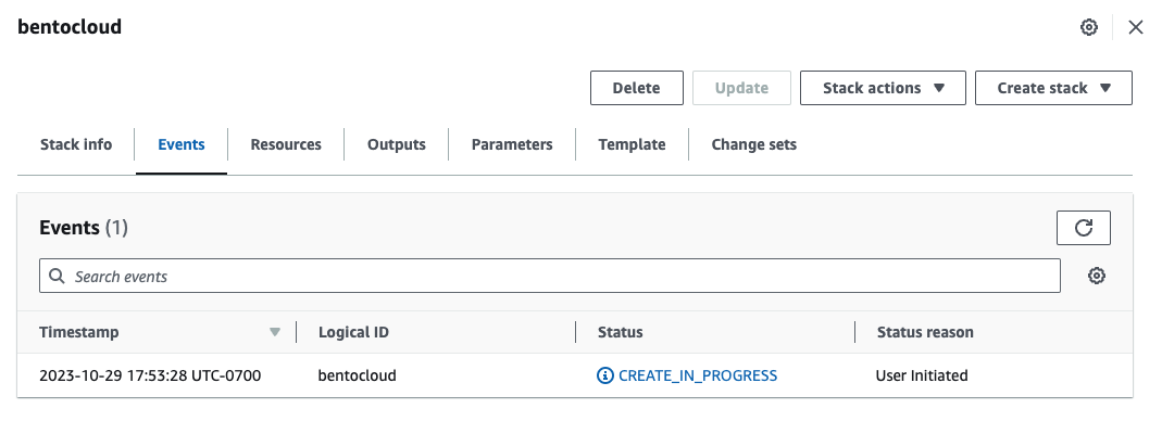Screenshot of AWS CloudFormation console showing the stack creation completed successfully