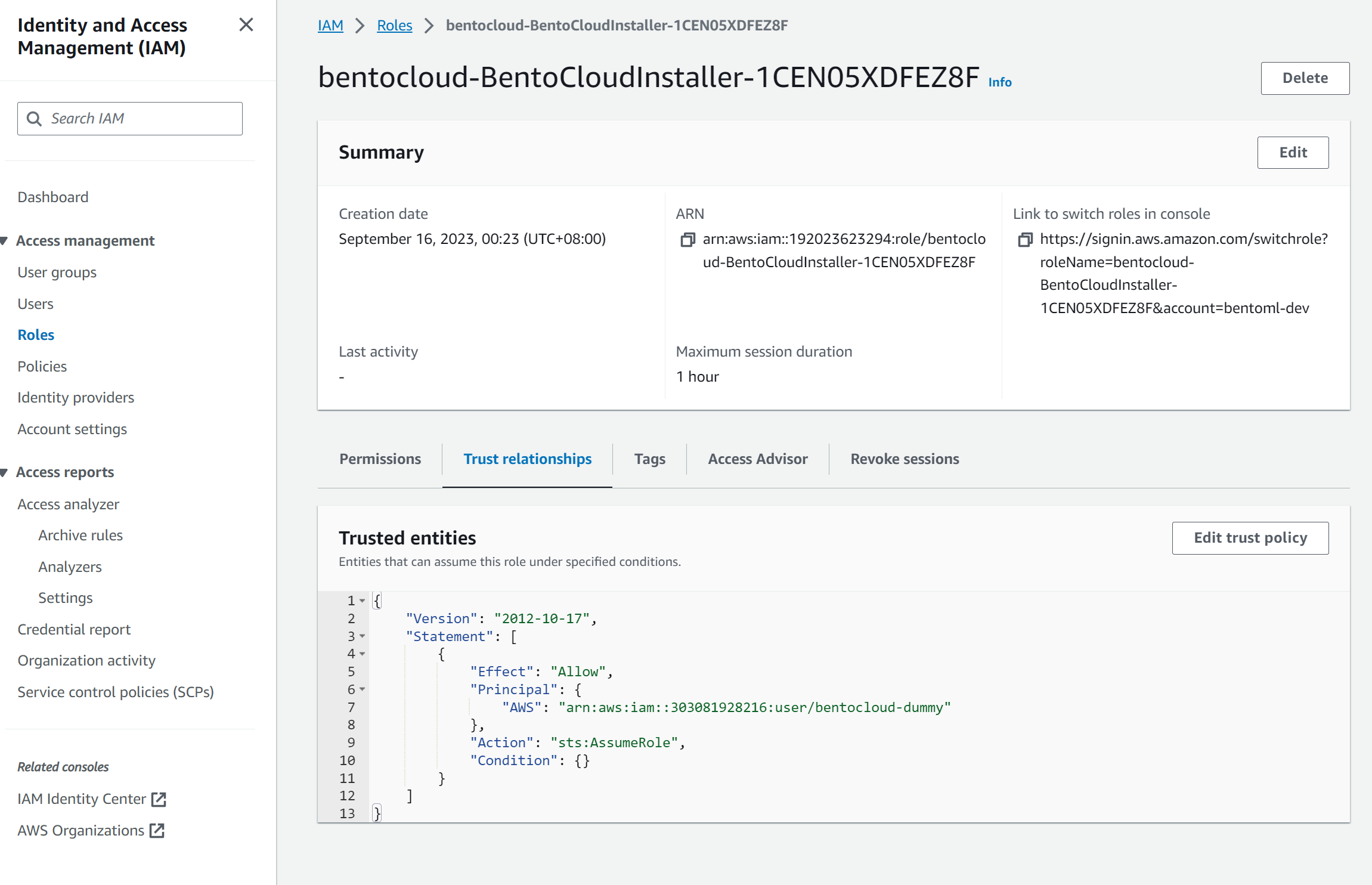 Screenshot of AWS IAM console showing the BentoCloud copilot role that can be used to grant or revoke authorization