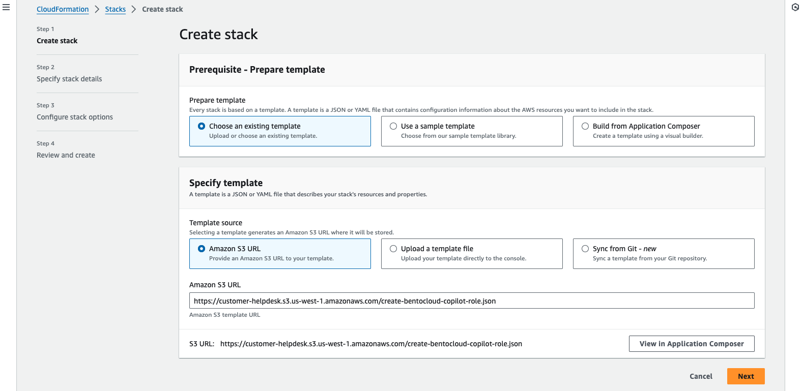 Screenshot of AWS CloudFormation "Create stack" interface showing template selection with Amazon S3 URL option
