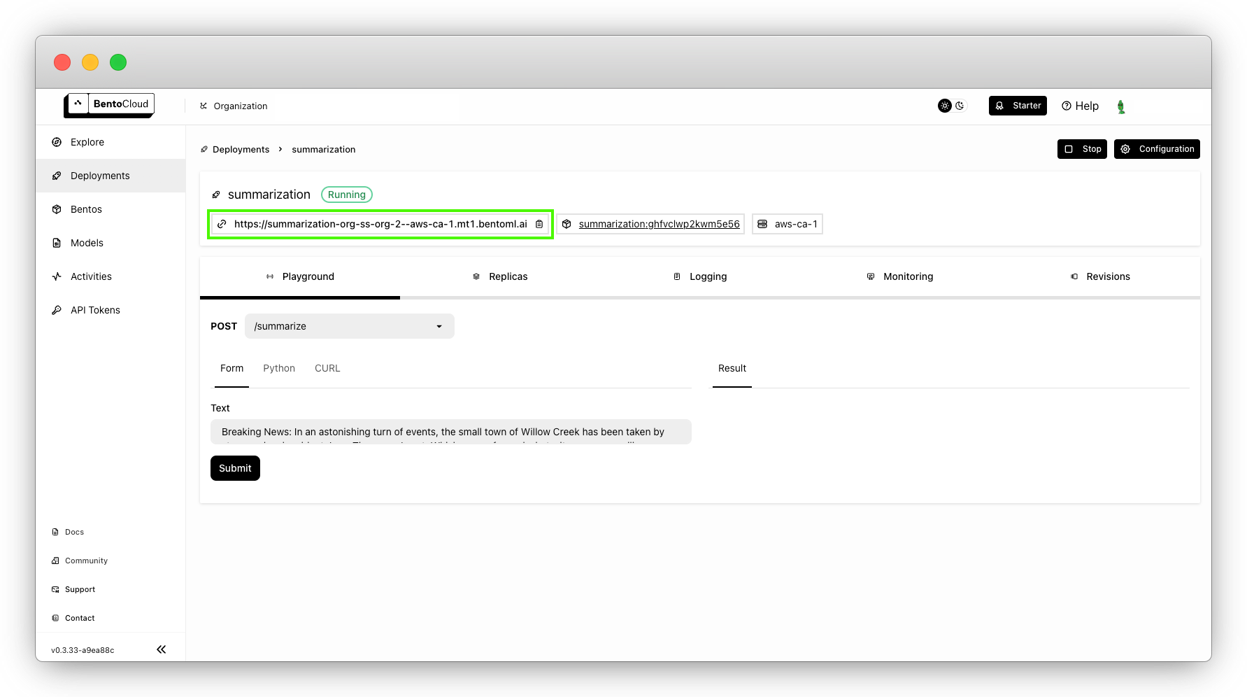 Screenshot of BentoCloud deployment details page highlighting where to find the endpoint URL