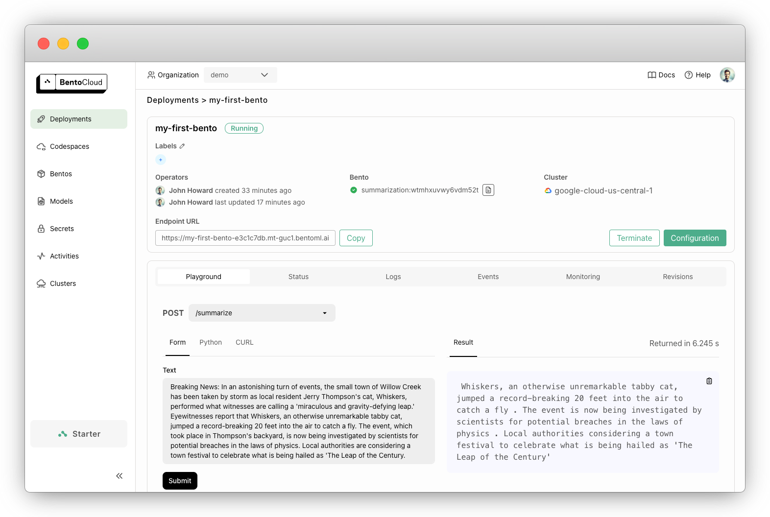 A summarization model running on BentoCloud