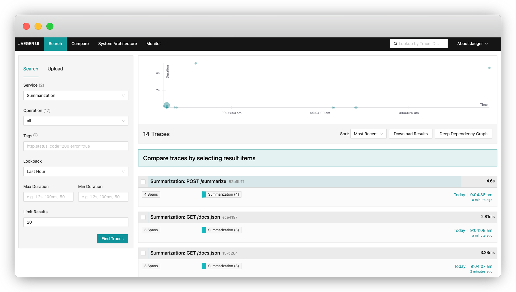 Jaeger UI for BentoML traces