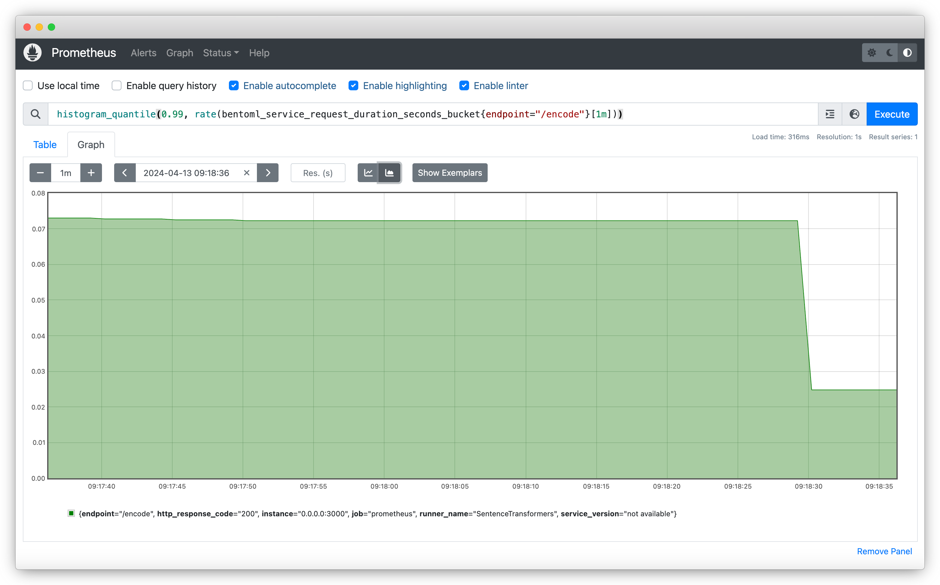 Prometheus UI for BentoML metrics