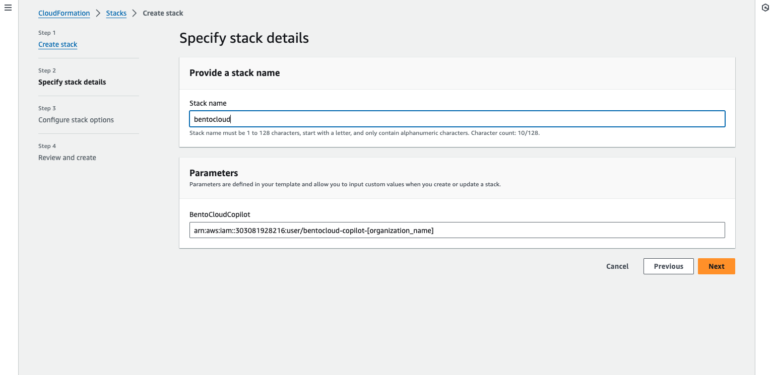 Screenshot of AWS CloudFormation "Specify stack details" page showing stack name and BentoCloudCopilot ARN input fields