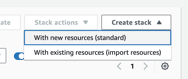 Screenshot of AWS CloudFormation console showing the "Create stack with new resources" option