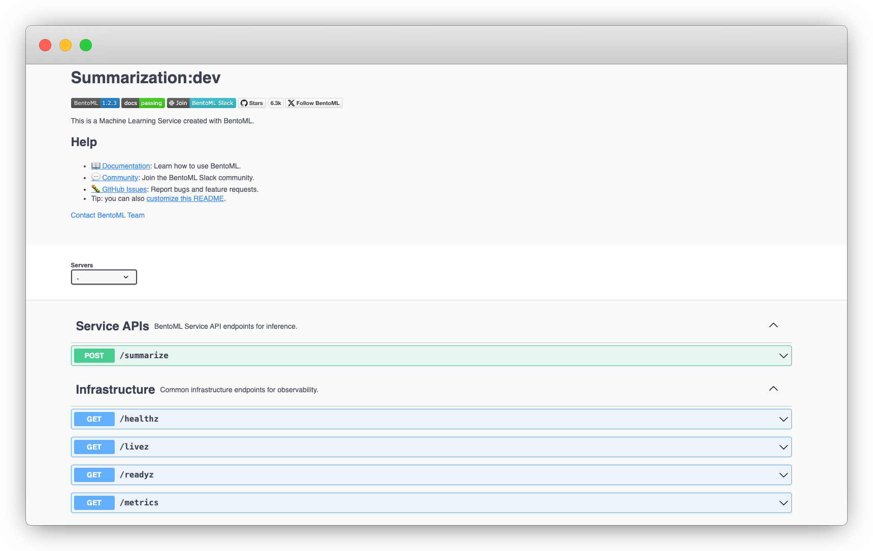 Screenshot of Swagger UI interface for a BentoML deployment showing API documentation and interactive testing capabilities