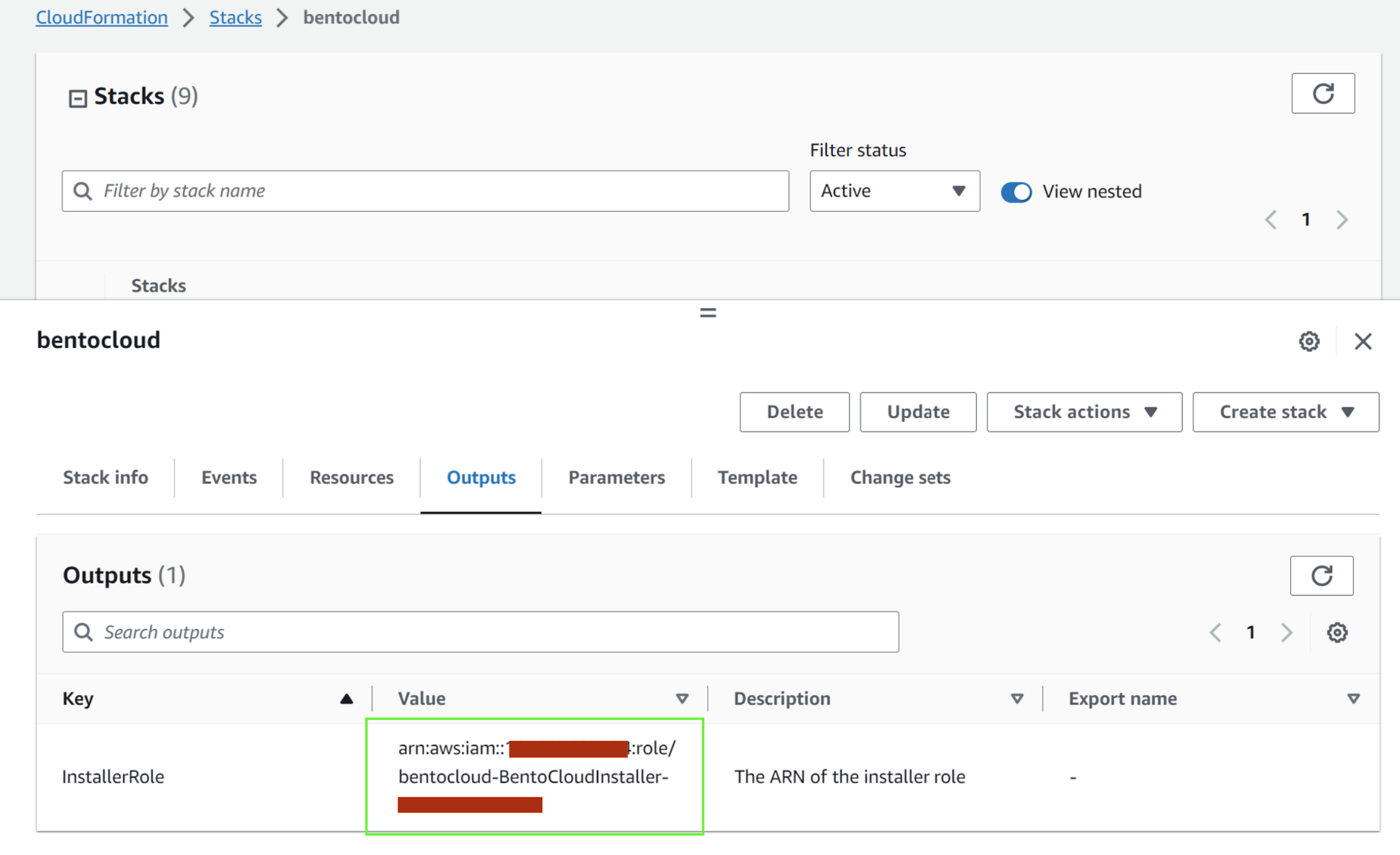 Screenshot of AWS CloudFormation Outputs tab showing the InstallerRole value that needs to be shared with the BentoML team
