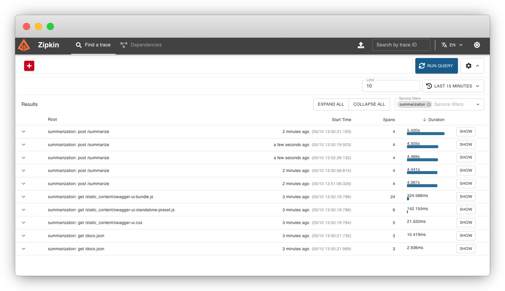 Zipkin UI for BentoML traces