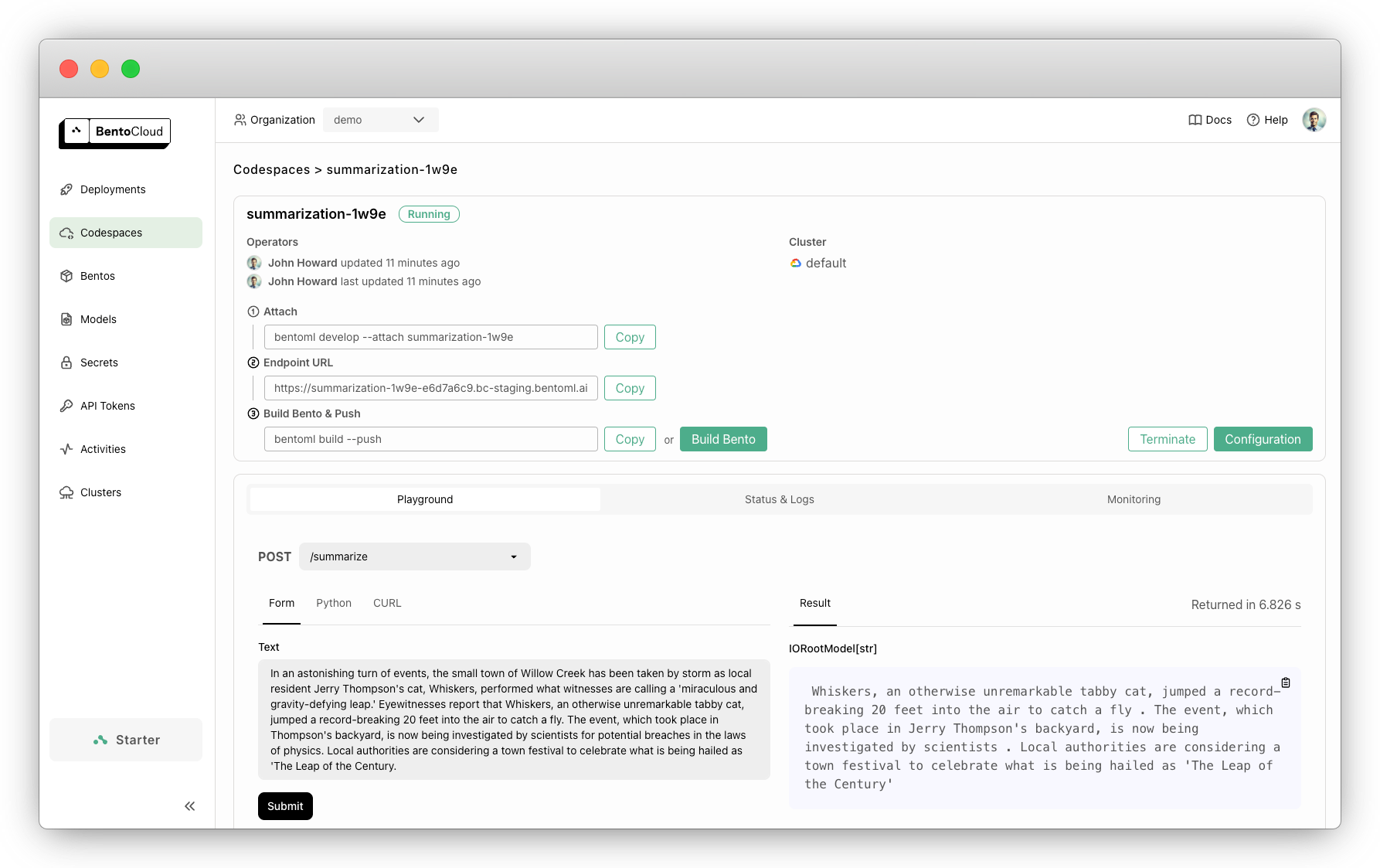 Screenshot of Codespace detail page on BentoCloud showing the Build Bento button