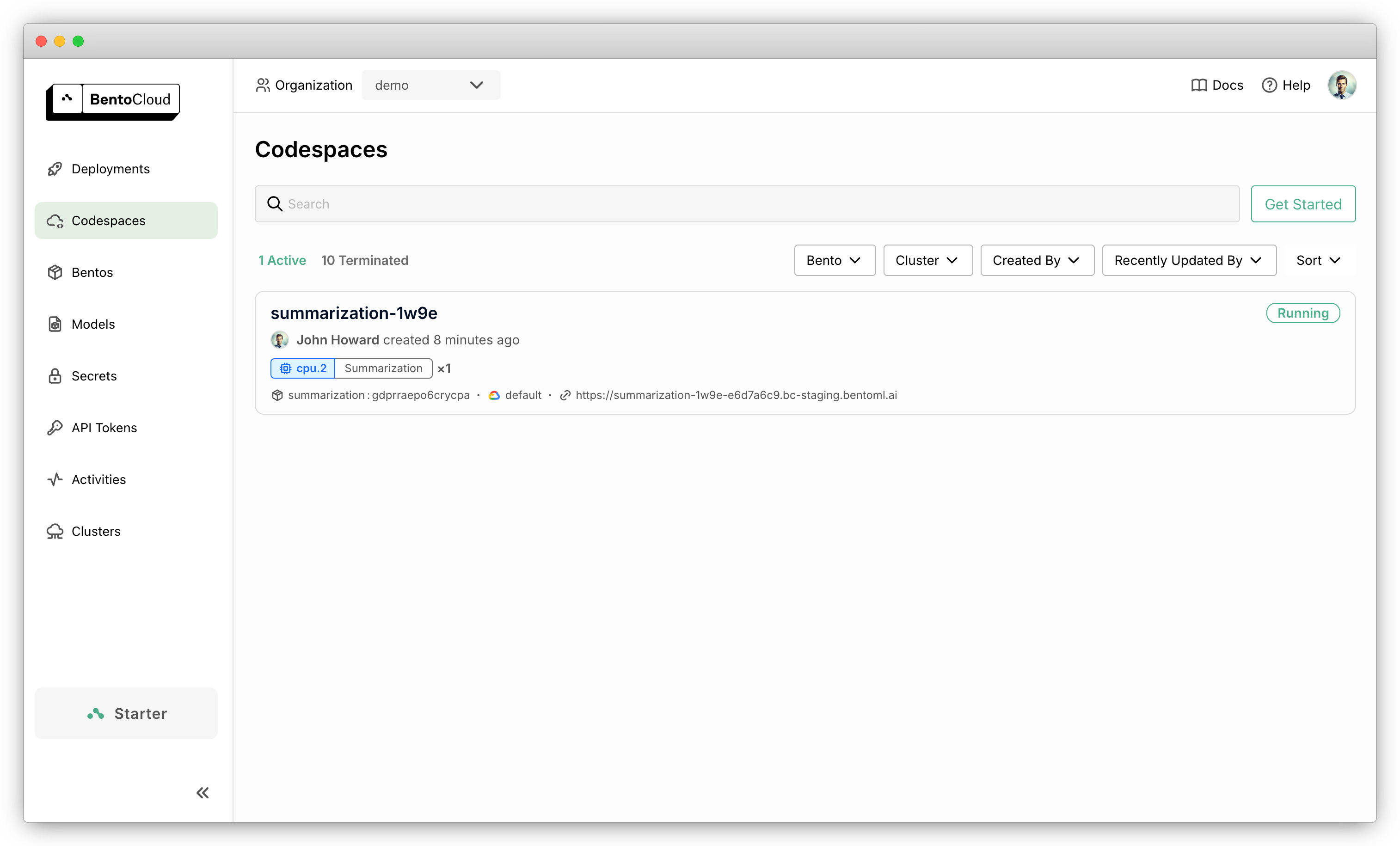 Screenshot of a Codespace running on BentoCloud