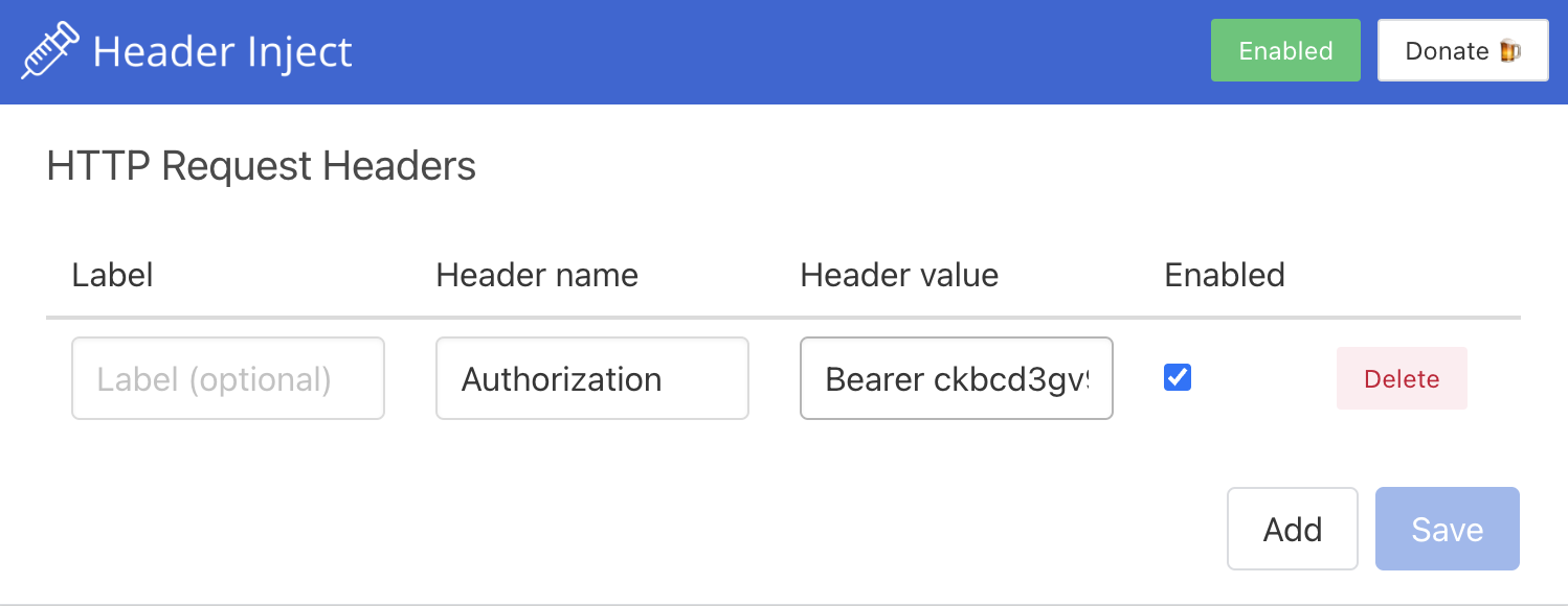 Screenshot of the Header Inject browser extension interface showing how to add Authorization headers for accessing protected BentoML deployments