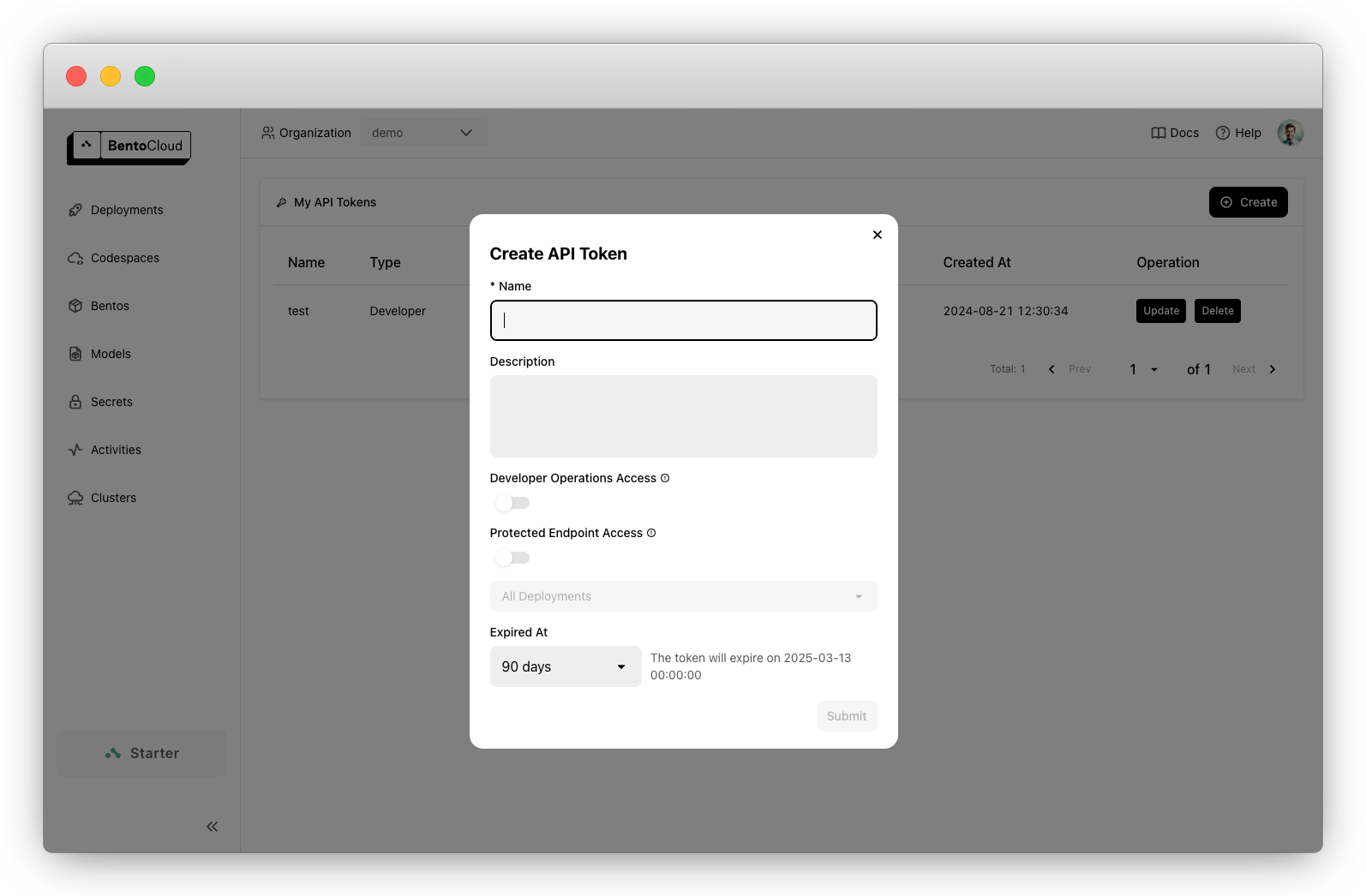 Screenshot of BentoCloud API token creation dialog showing fields for name, description, access permissions, and expiration date