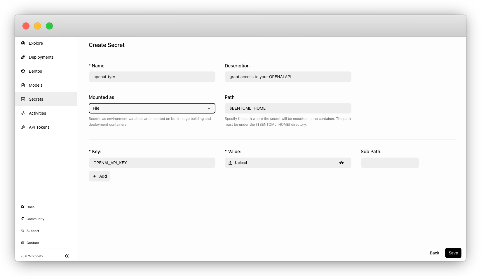 Screenshot of the BentoCloud interface for creating a new secret with fields for name, description, mounting options, and key-value pairs