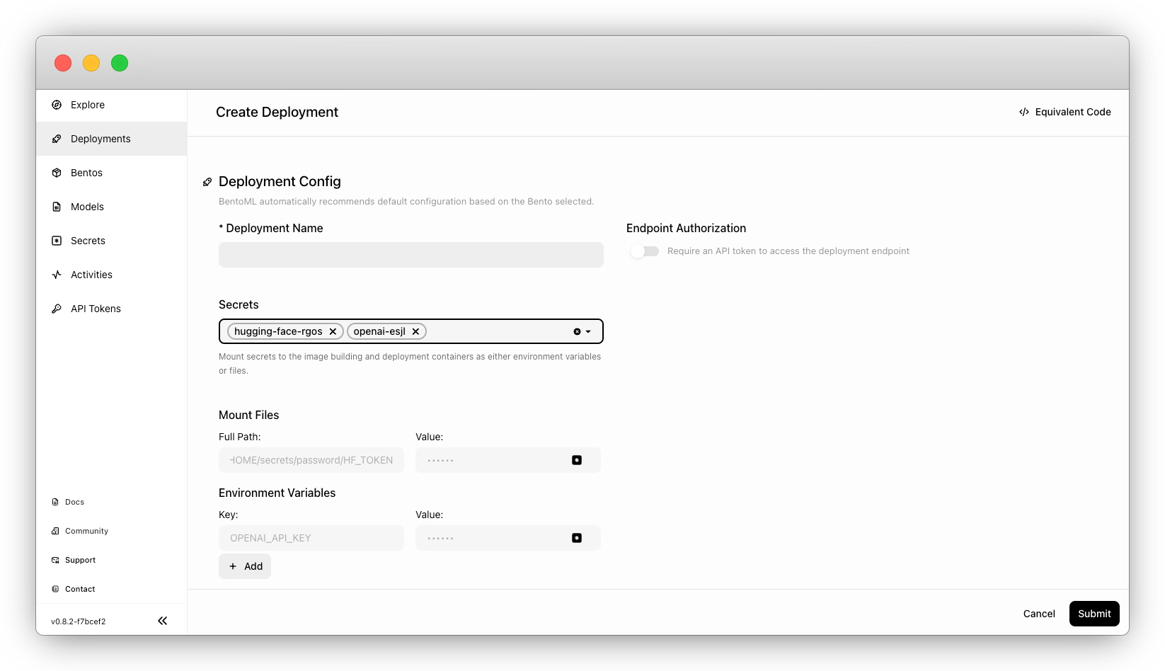 Screenshot of BentoCloud deployment configuration showing how to select and attach a secret to a deployment