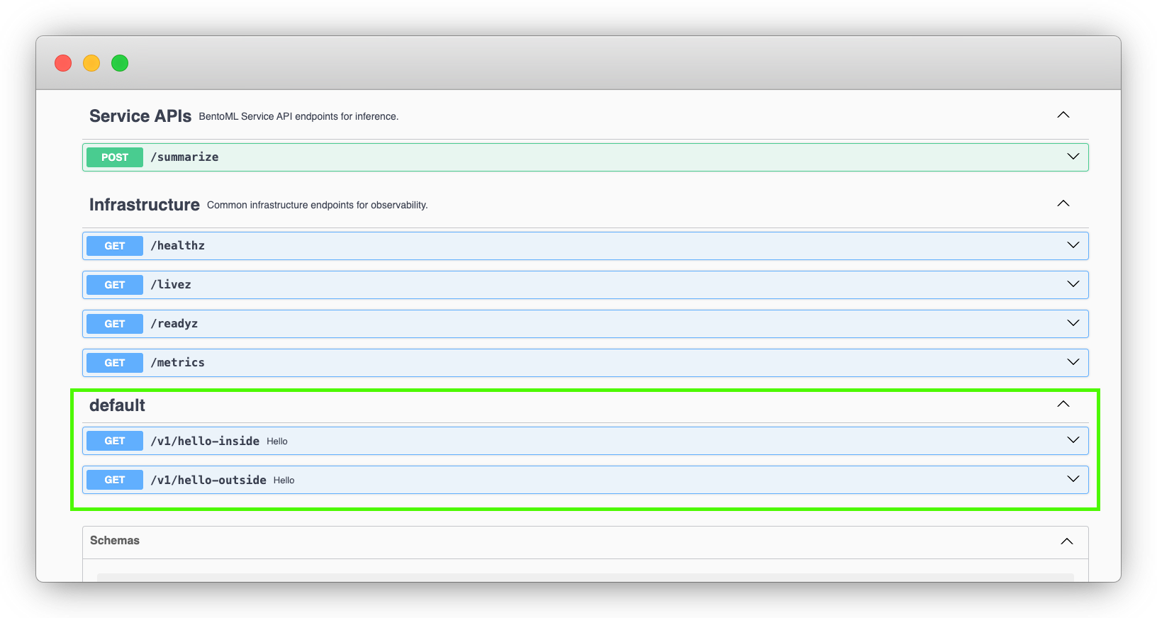 Two API endpoints defined in BentoML