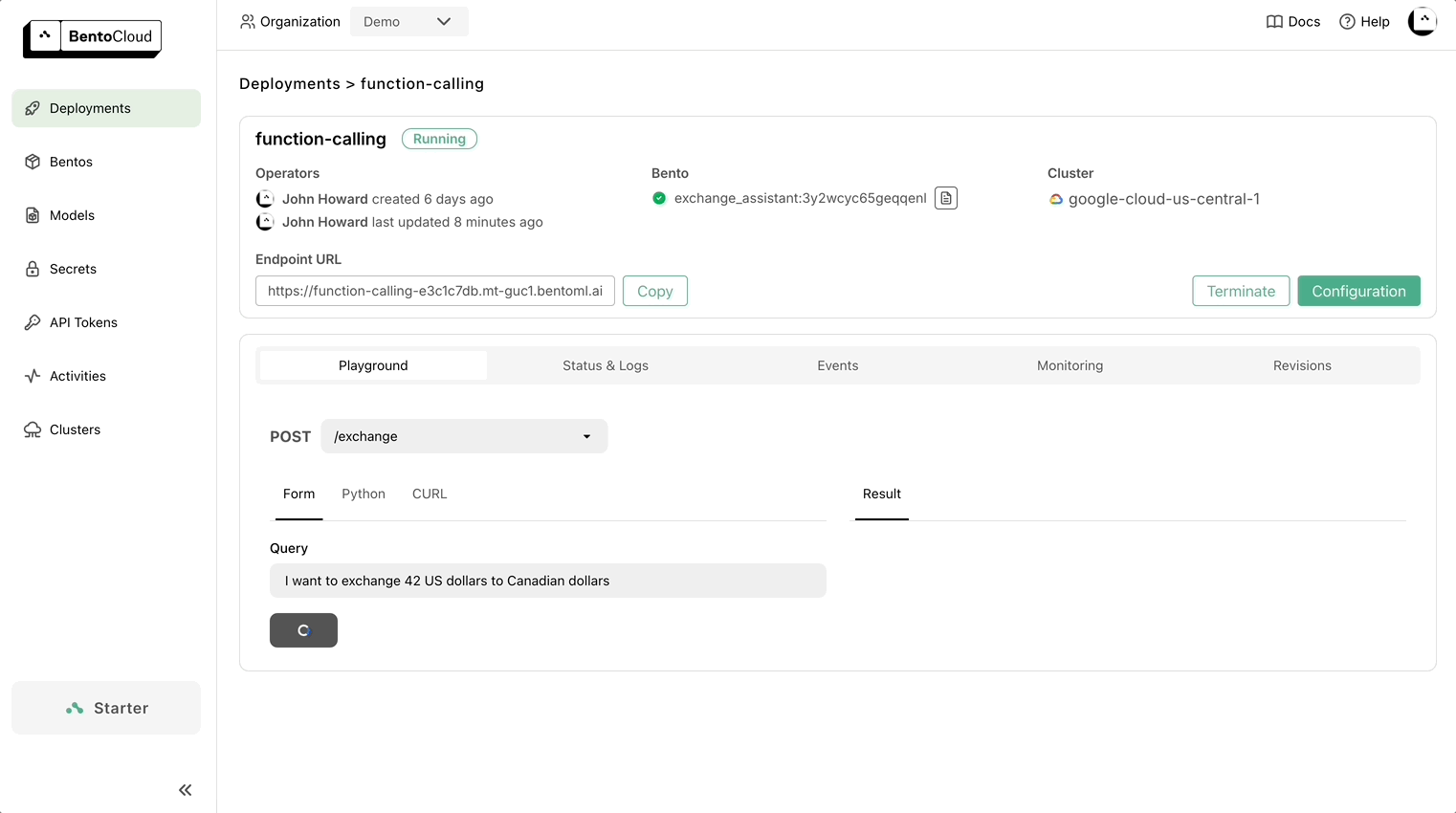 Animated GIF demonstrating the function calling capability in BentoCloud playground, showing currency conversion queries and responses