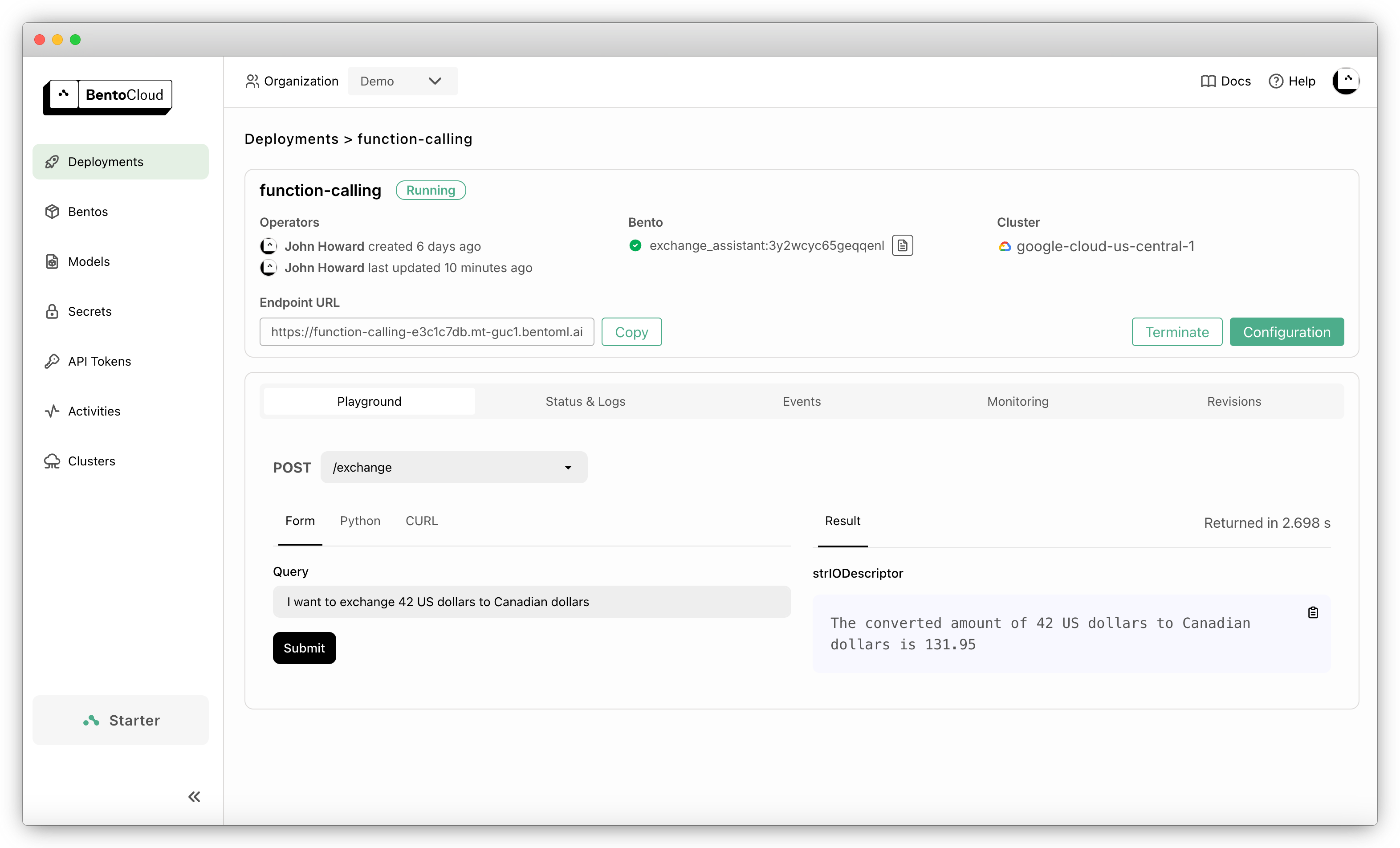 Animated GIF demonstrating the function calling capability in BentoCloud playground, showing currency conversion queries and responses