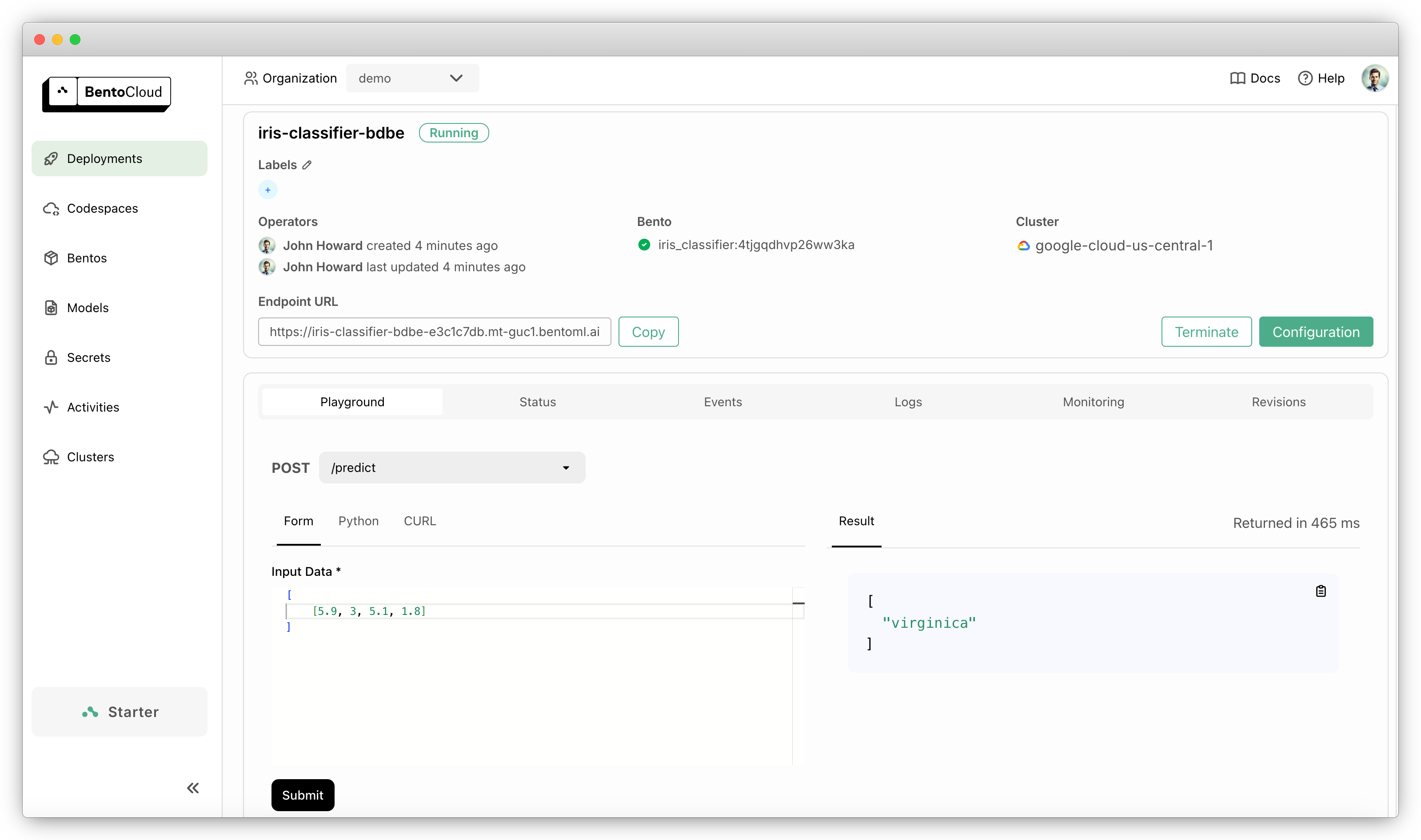 Screenshot of MLflow Iris classifier model deployed on BentoCloud showing the prediction interface with input data and classification results