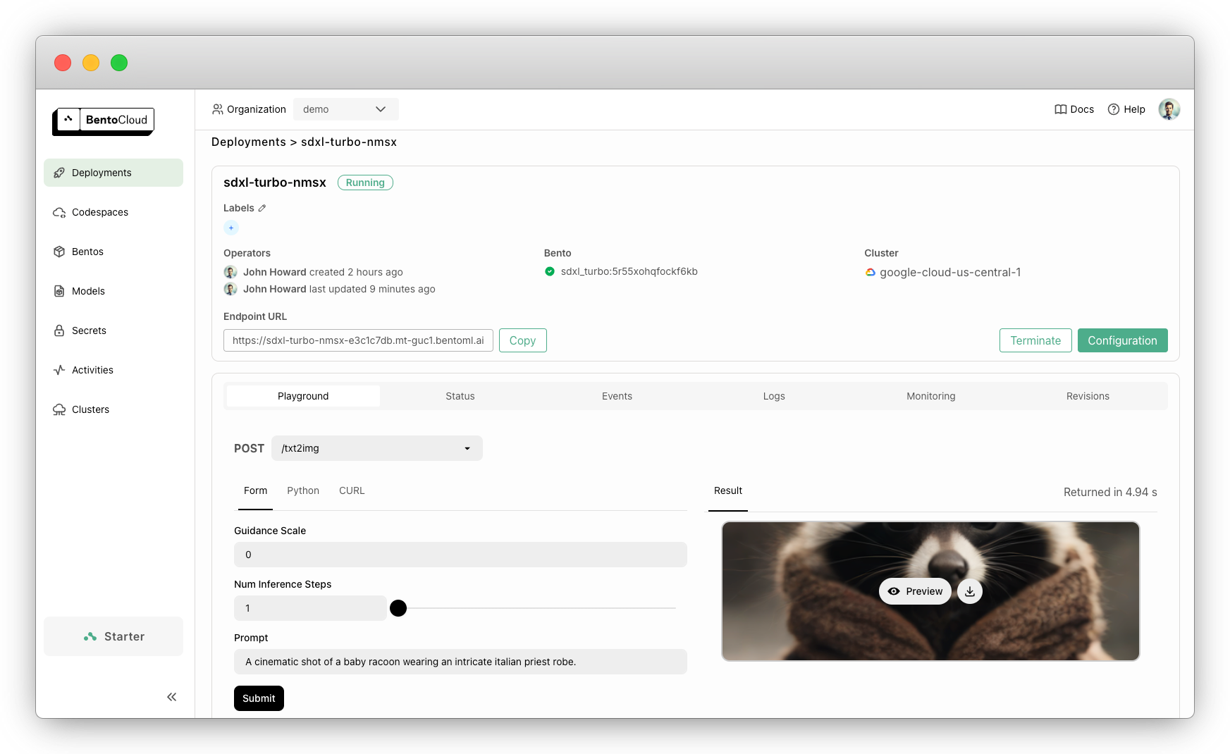 Screenshot of SDXL Turbo deployed on BentoCloud showing the image generation interface with prompt input and parameter controls
