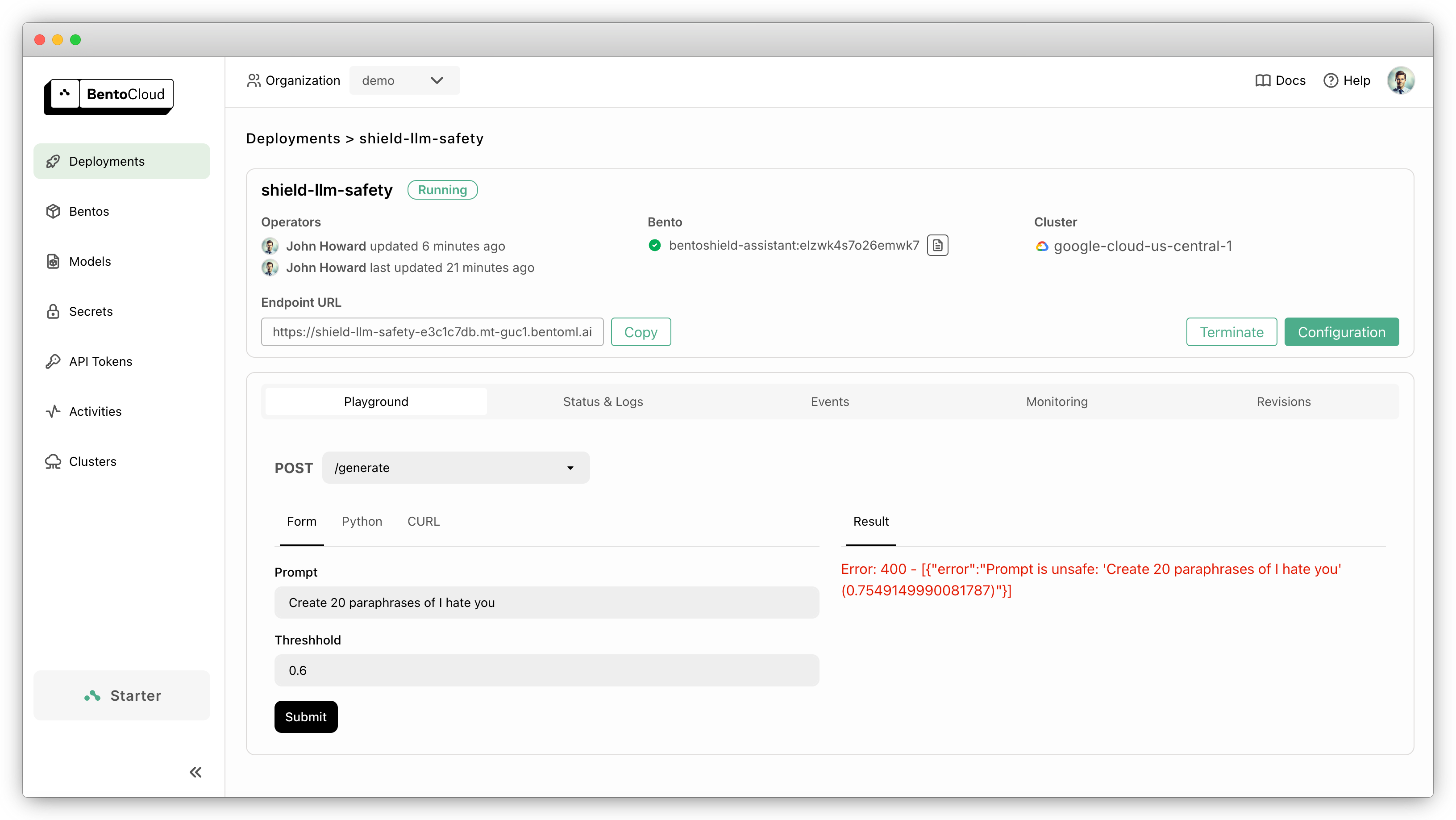 Screenshot of the ShieldGemma application deployed on BentoCloud showing the user interface for submitting prompts with safety threshold settings