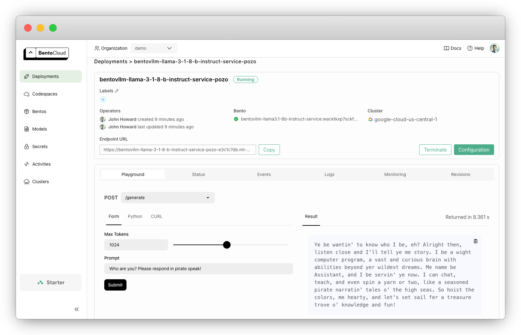 Screenshot of Llama 3.1 model deployed on BentoCloud showing the chat interface with example prompts and responses