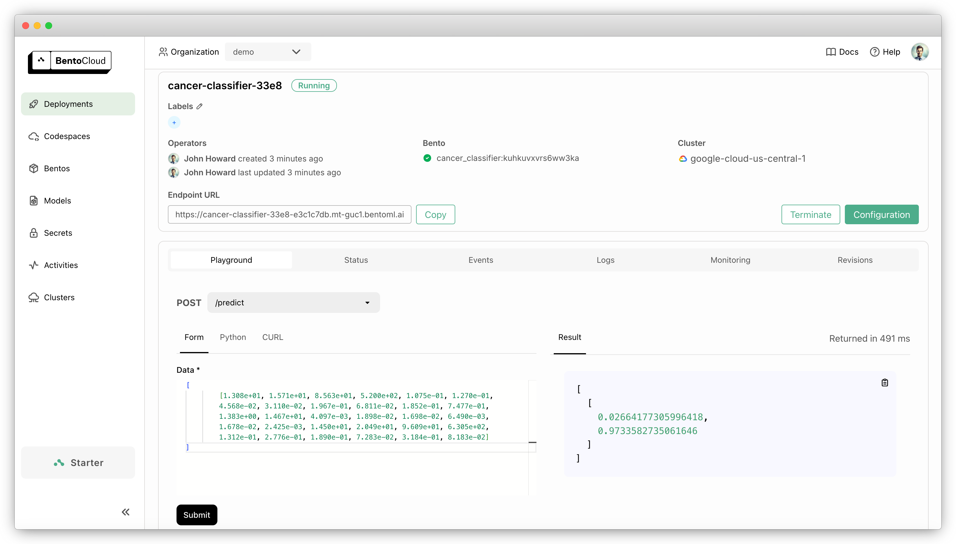 Screenshot of the XGBoost breast cancer classifier model running on BentoCloud showing the prediction interface with input data and results